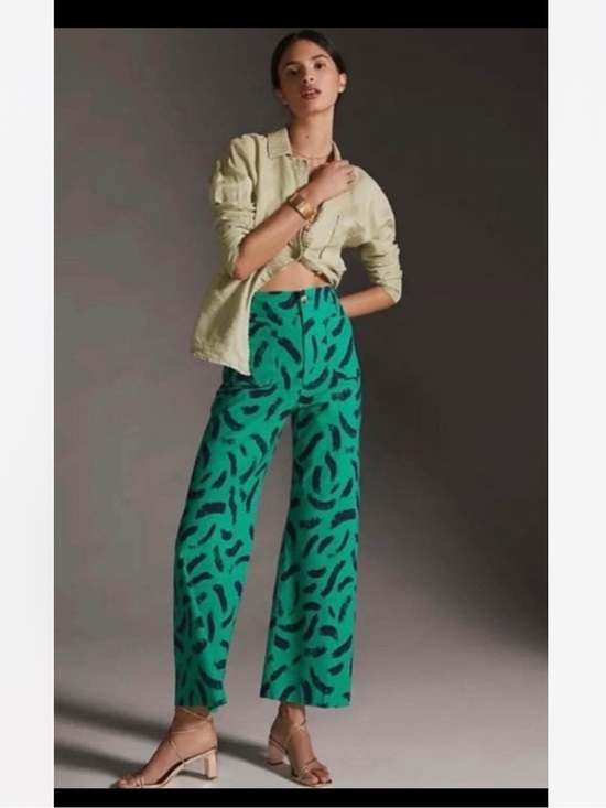 Anthropologie Pants - Maeve The Colette Wide Leg High Rise Pants in Green with Blue Brush Stroke Print